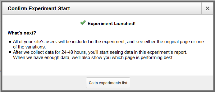 Screenshot of the popup after launching the experiment