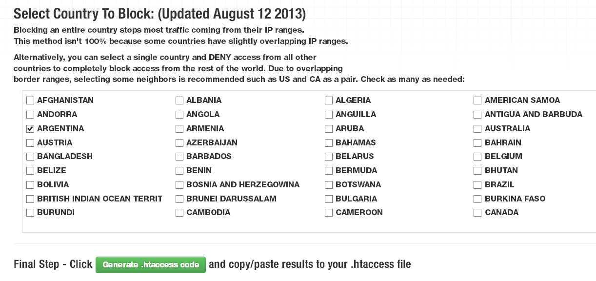 Select the countries you want to block in .htaccess